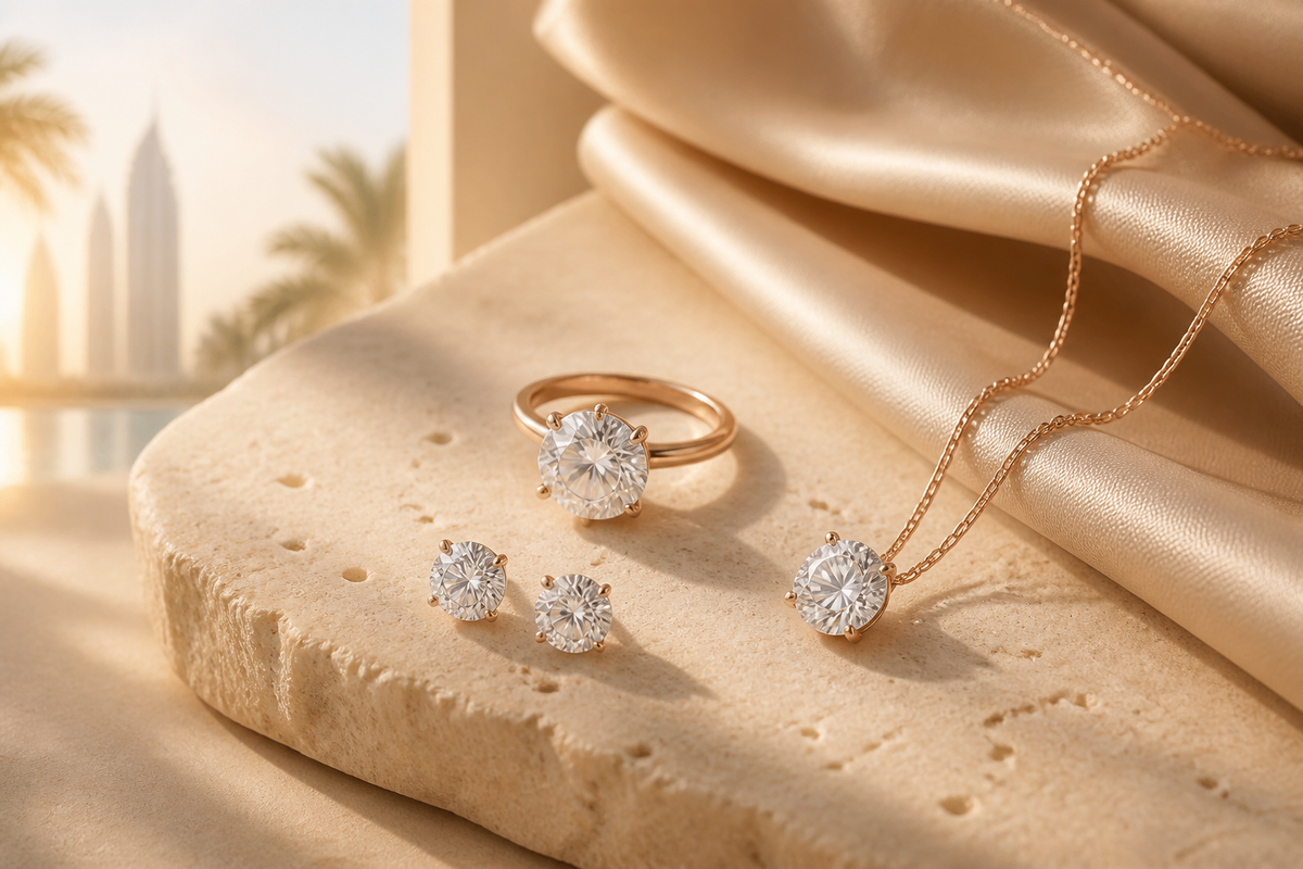 Premium moissanite ring, earrings and pendant styled in warm UAE-inspired light