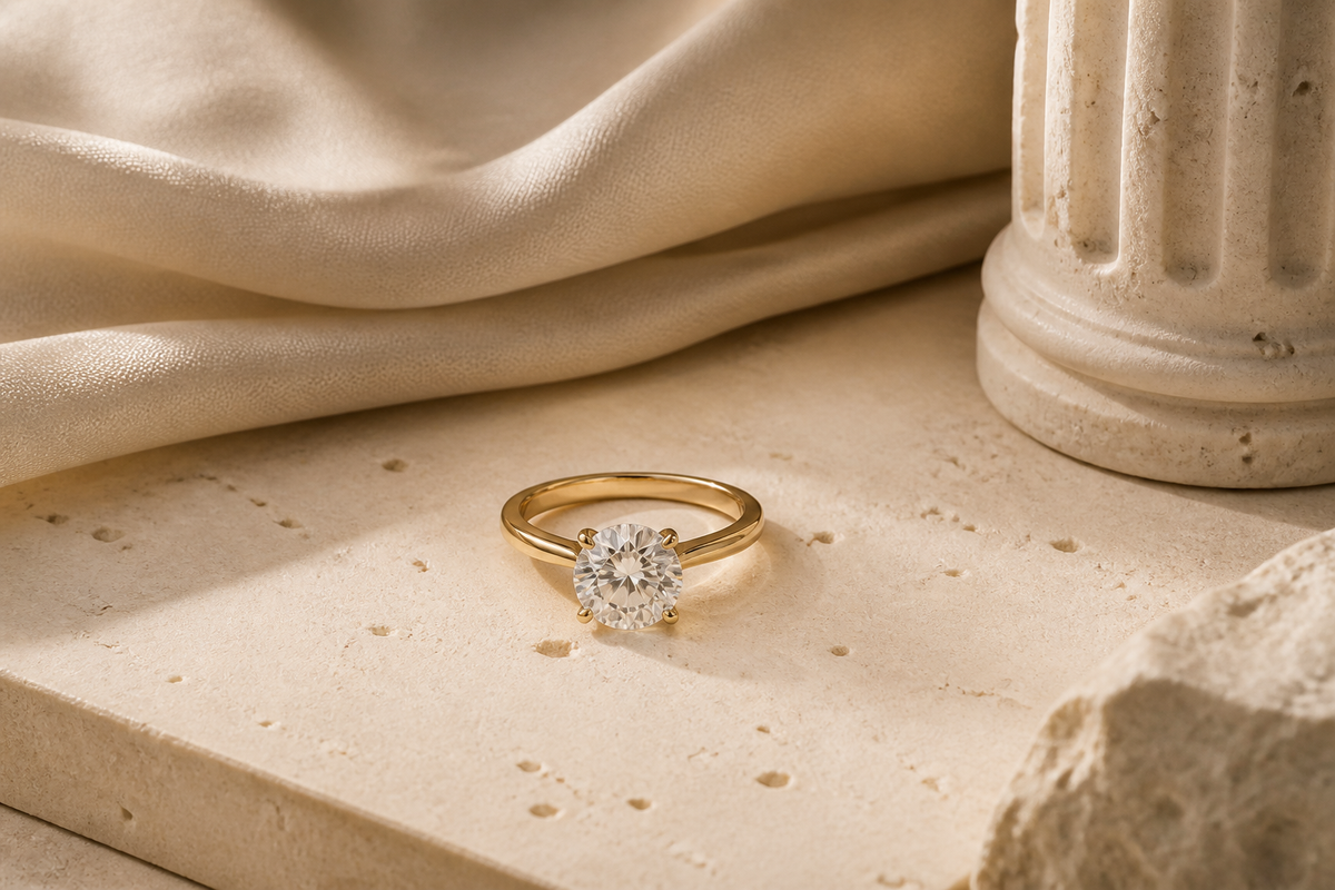 Moissanite engagement ring photographed in warm UAE-inspired light