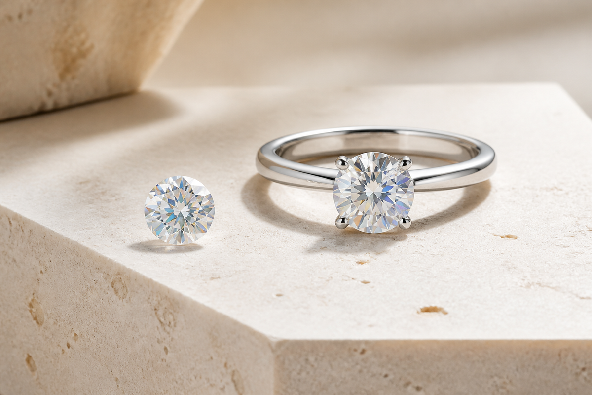 Loose moissanite gemstone and solitaire ring showing the stone’s distinctive brilliance