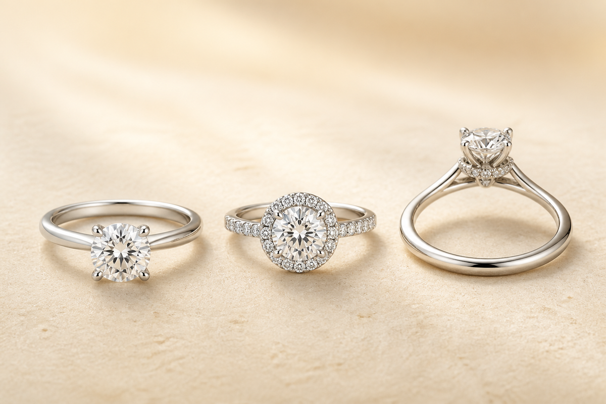 Solitaire, halo and hidden halo engagement ring styles compared