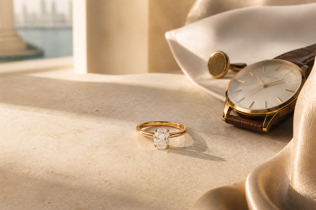 Refined moissanite ring styled with understated luxury accessories
