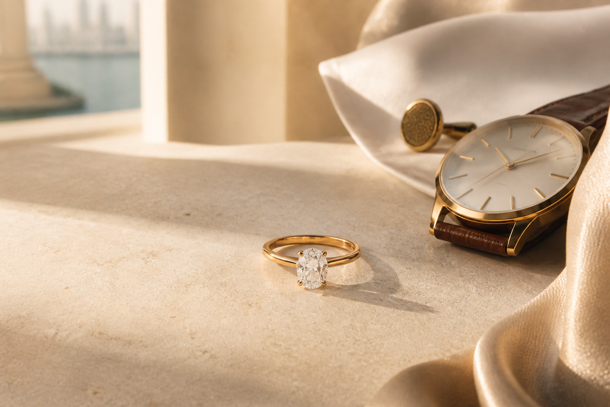 Refined moissanite ring styled with understated luxury accessories