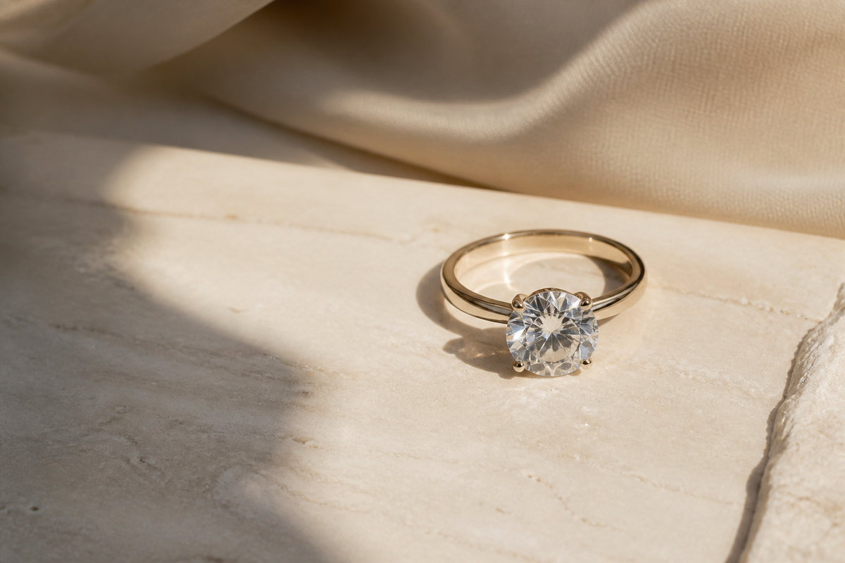Moissanite solitaire shown in light and shadow for an honest buying guide