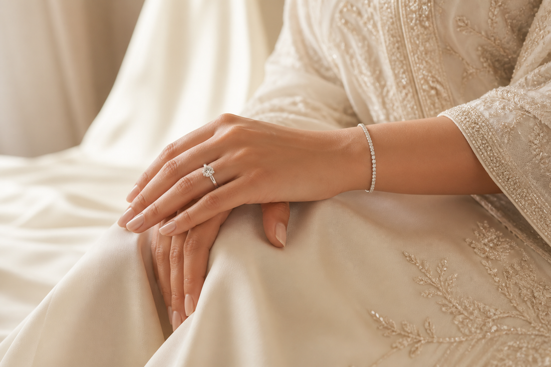 Modern UAE bride wearing a moissanite engagement ring and tennis bracelet