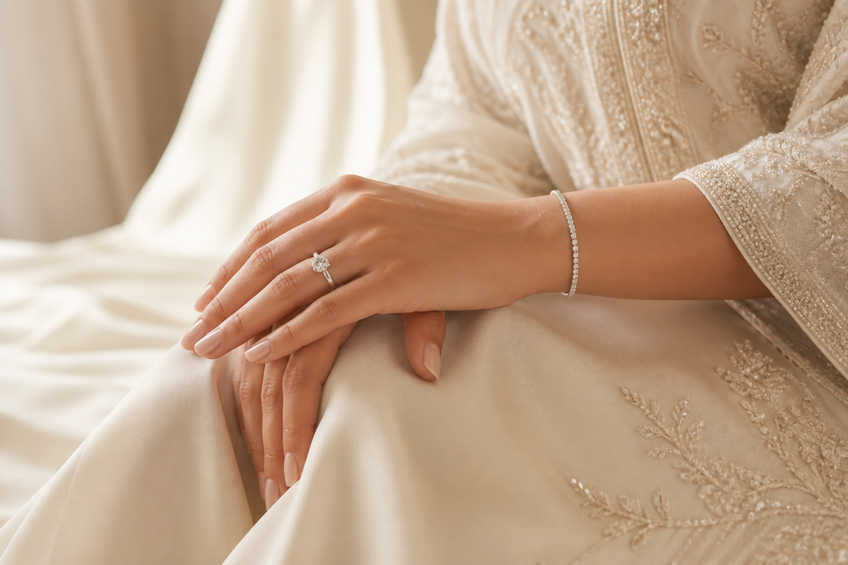 Modern UAE bride wearing a moissanite engagement ring and tennis bracelet