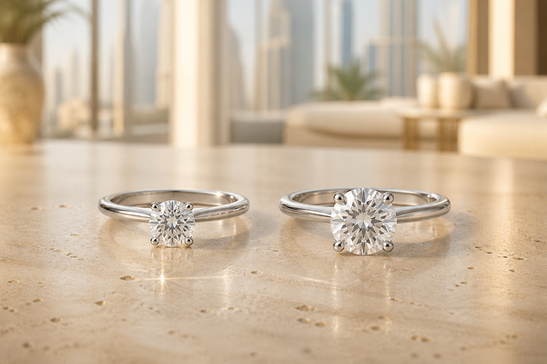 One carat and two carat equivalent moissanite solitaire rings compared