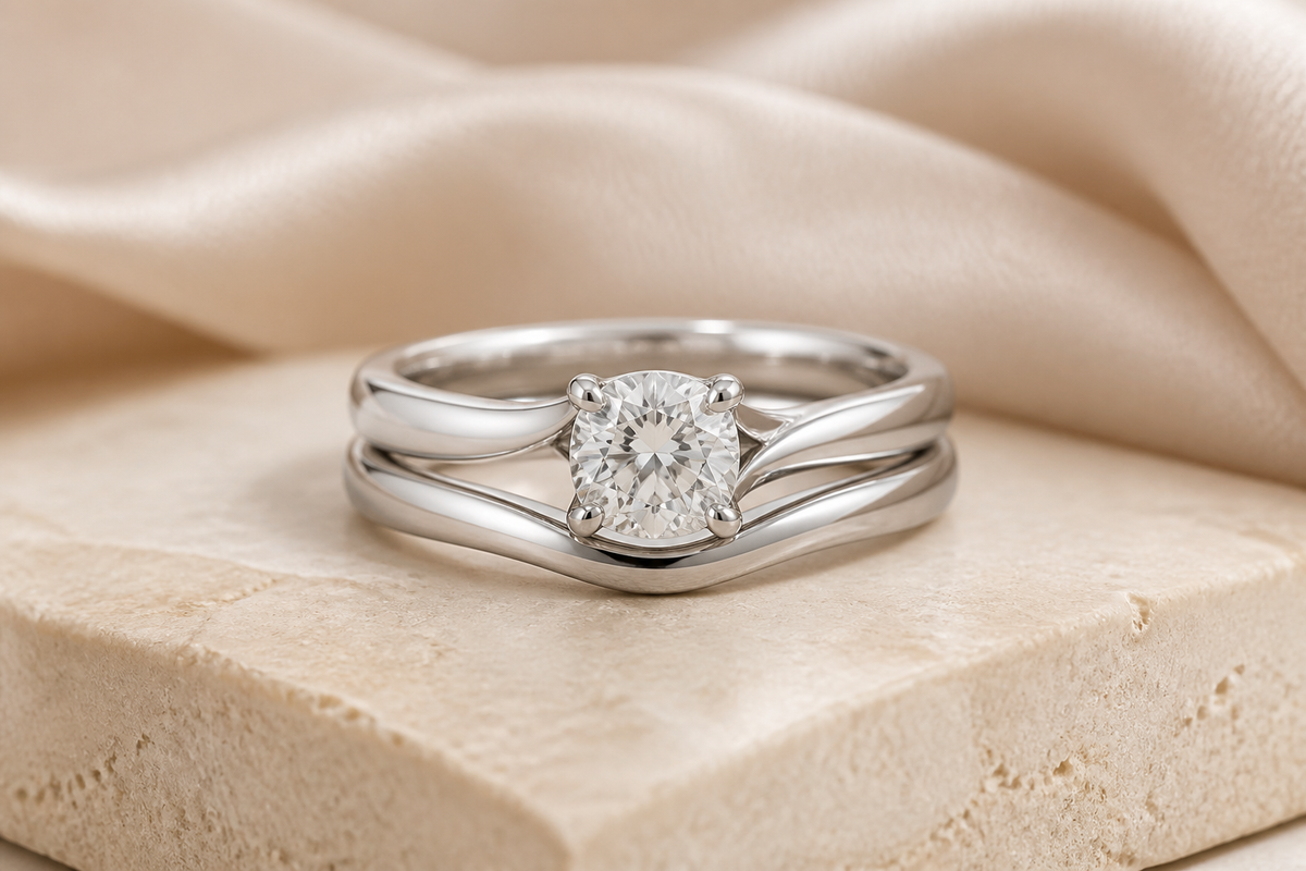 Coordinated engagement ring and wedding band bridal set