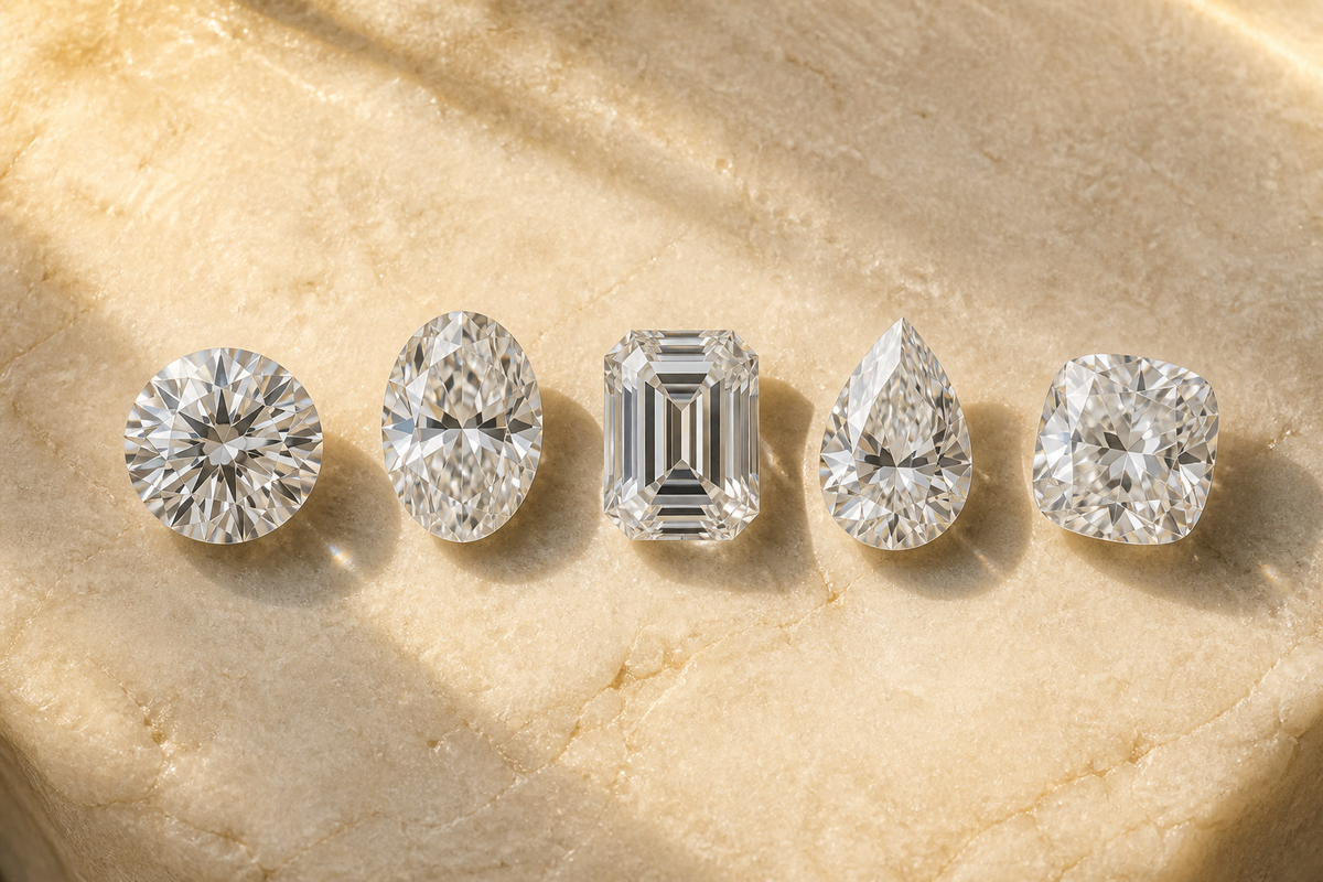 Round, oval, emerald, pear and cushion moissanite stone shapes