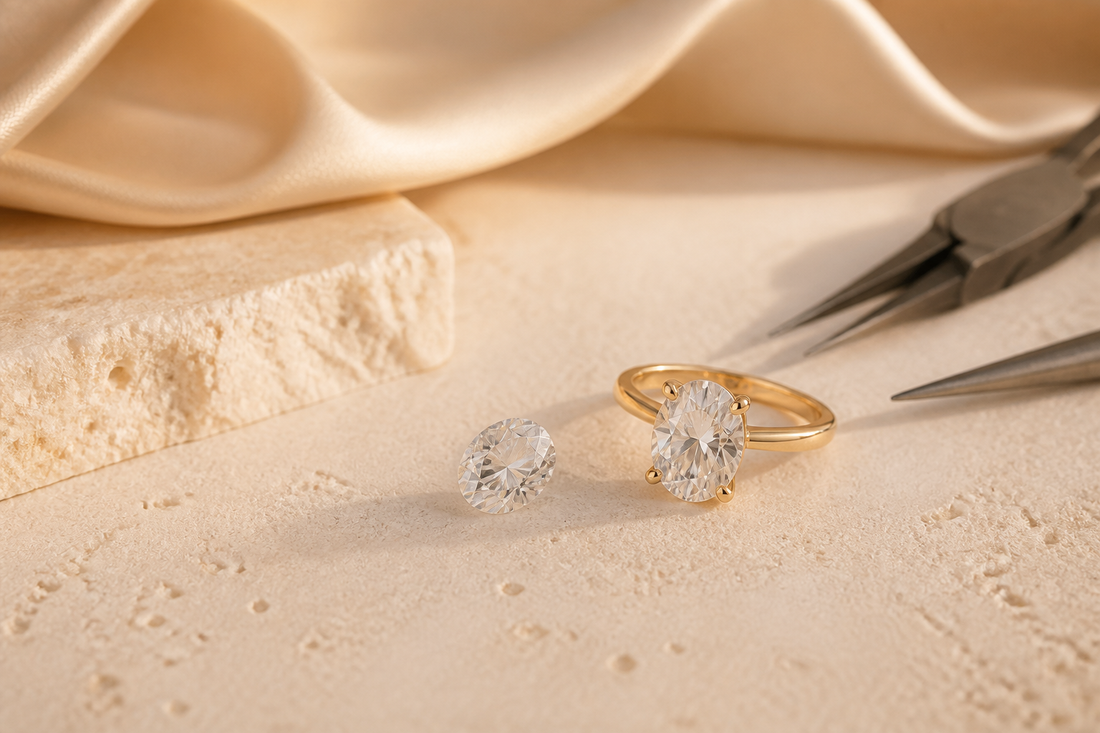 Loose moissanite, gold ring and jewellery tools showing how a ring is made