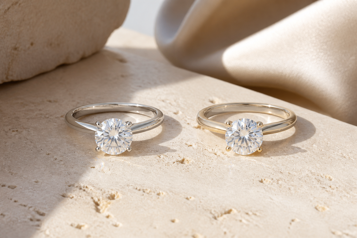 Moissanite and diamond-like solitaire rings compared at a natural viewing distance