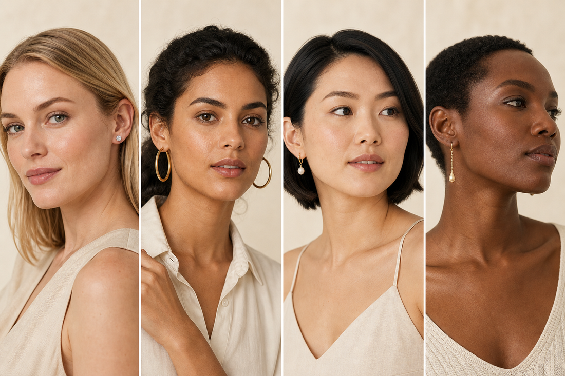 Four women wearing earrings selected for different face shapes