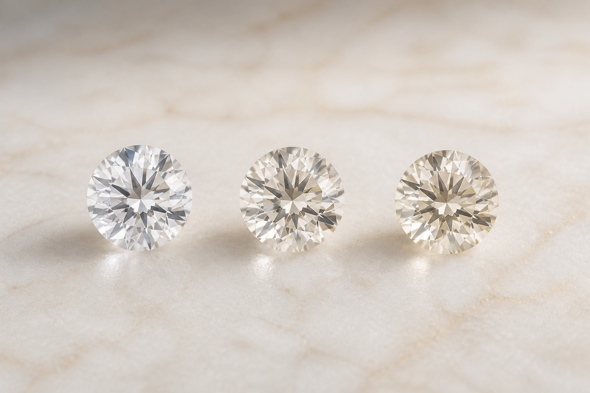 Three colourless moissanite stones showing subtle colour-range differences