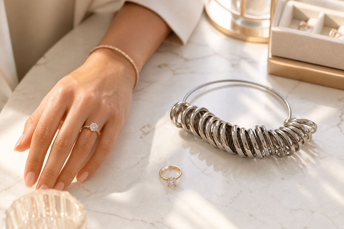 Professional ring sizing gauge beside a moissanite ring in warm GCC daylight