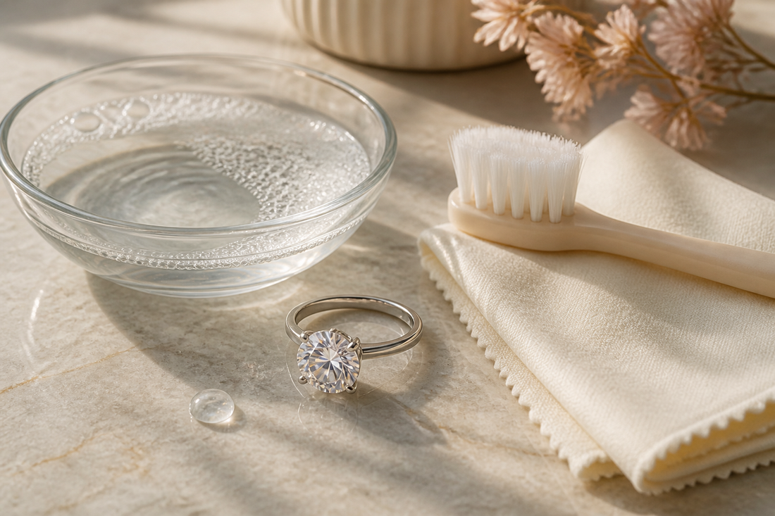 Moissanite jewellery care setup with mild soapy water, soft brush and cloth