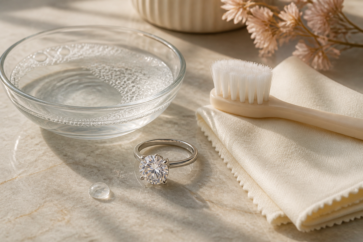 Moissanite jewellery care setup with mild soapy water, soft brush and cloth