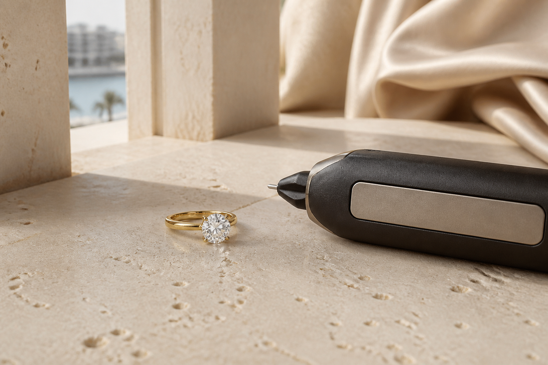 Moissanite ring beside a professional gemstone tester