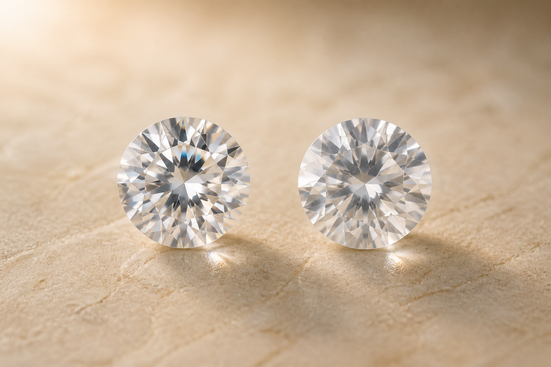 Two colourless gemstones compared in warm natural light