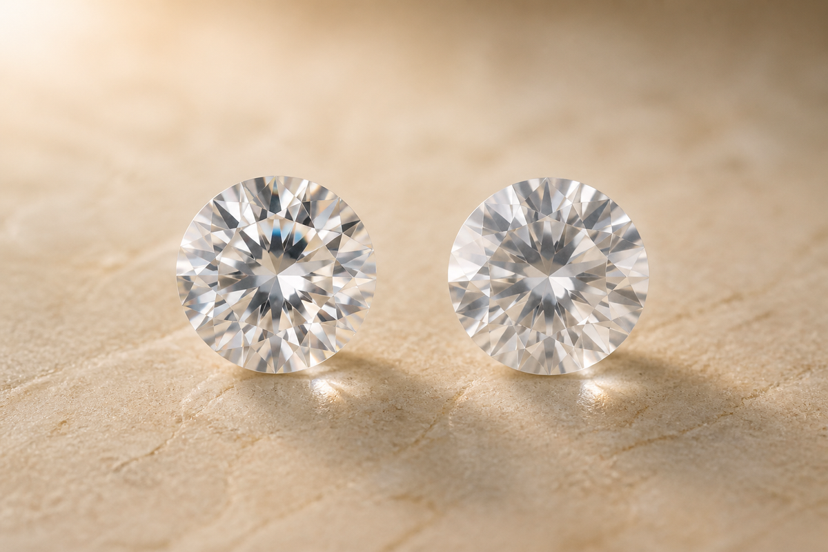 Two colourless gemstones compared in warm natural light