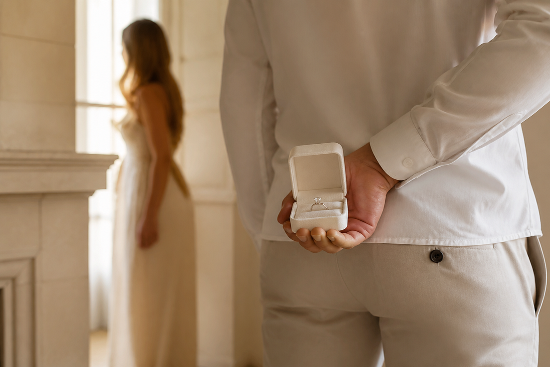 Engagement ring held as a thoughtful surprise in an ivory box