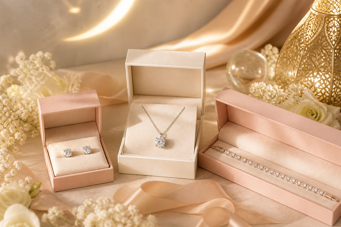 Moissanite earrings, necklace and bracelet presented as elegant GCC gifts