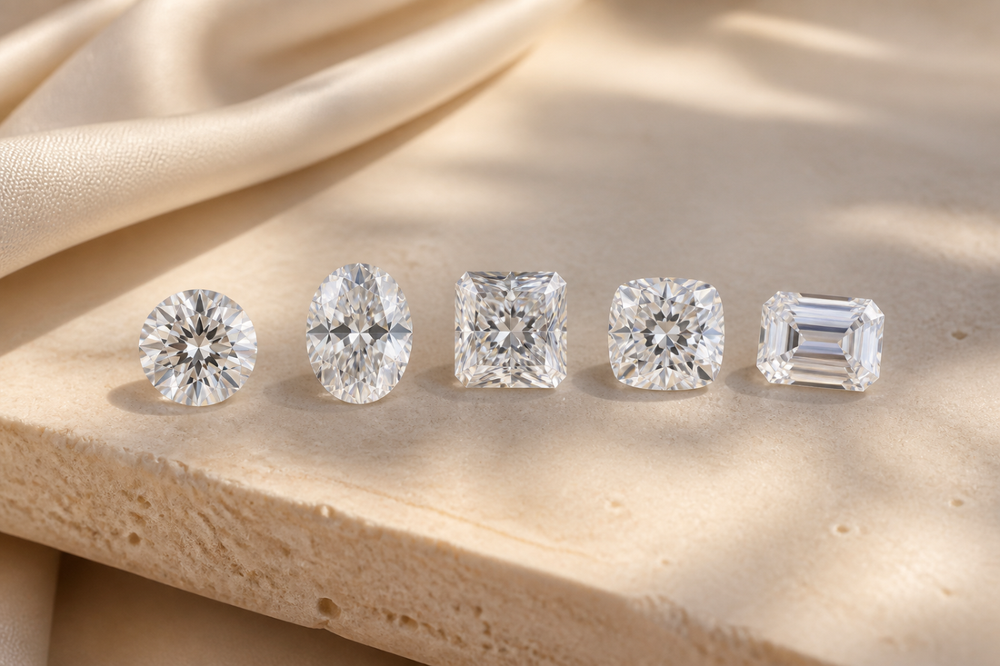 Round, oval, radiant, cushion and emerald-cut moissanite stones compared