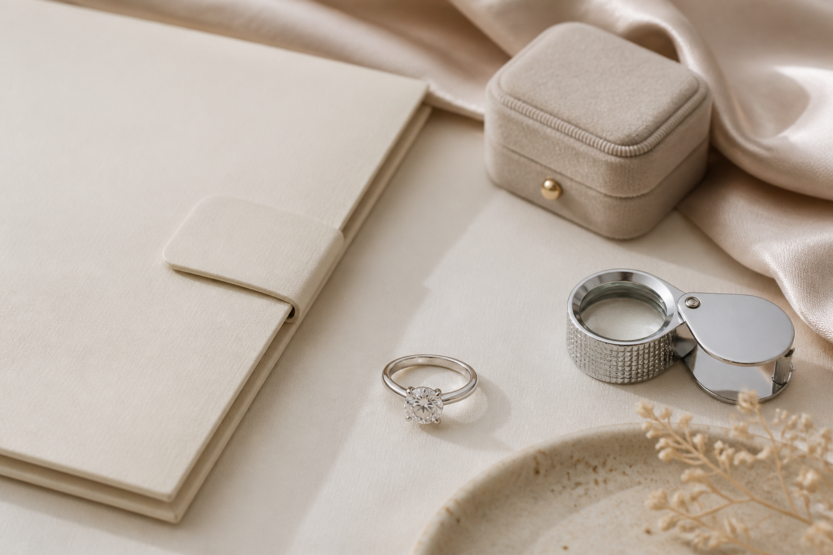 Engagement ring beside a document folder, loupe and jewellery box