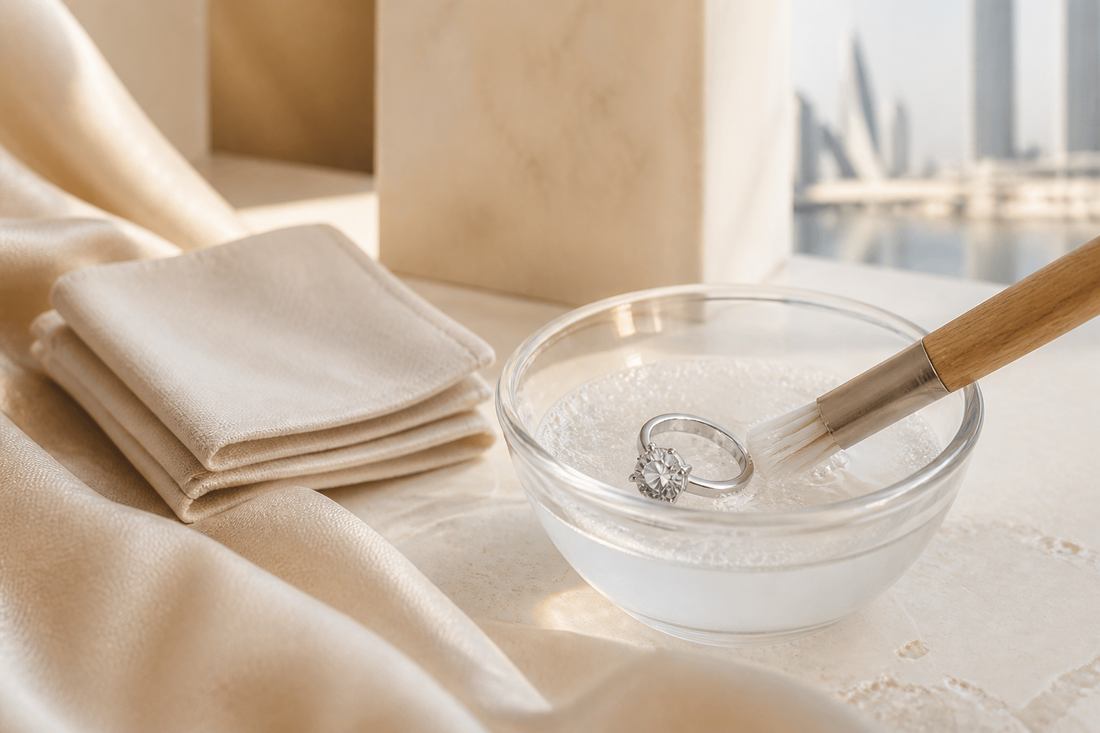 Moissanite ring with soft brush and cloth for gentle jewellery cleaning