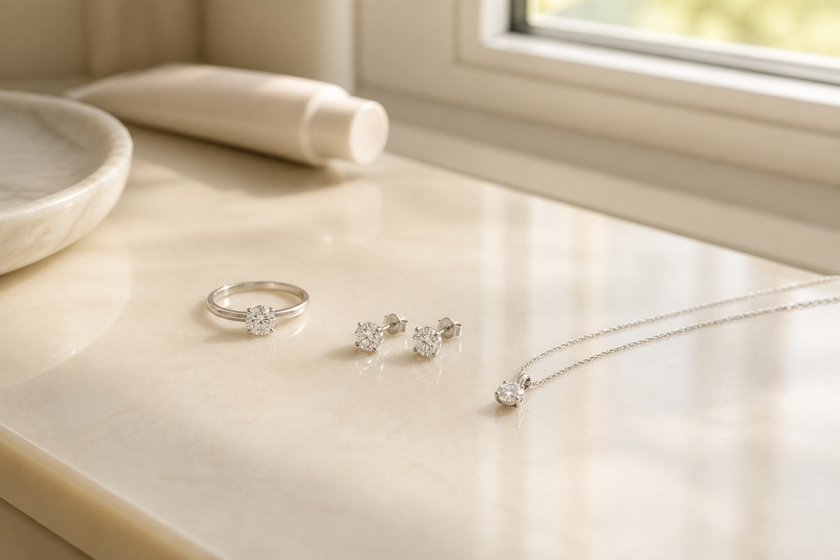 Moissanite ring, earrings and pendant arranged for everyday wear