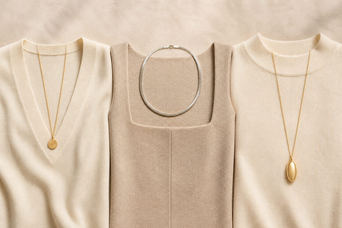 Three necklace styles matched with V, square and high necklines