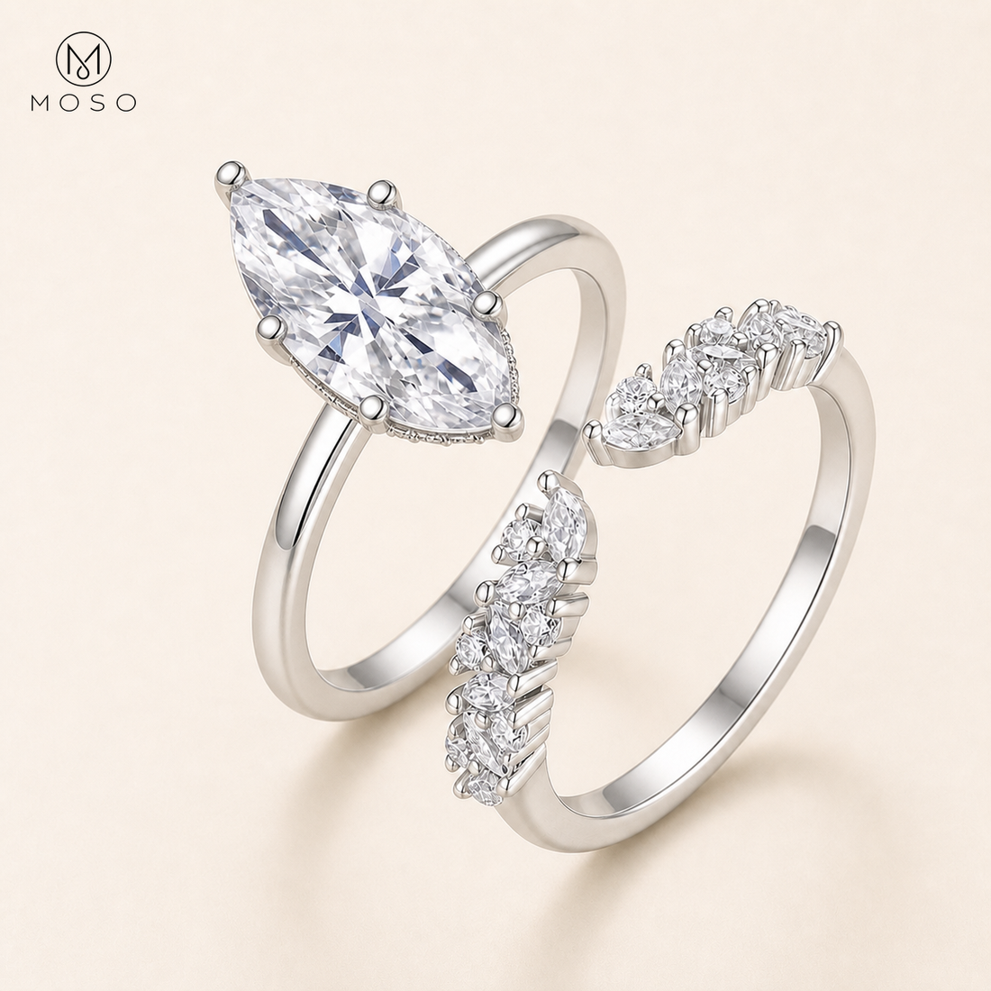 Madison marquise moissanite bridal set with a separate open band and the MOSO logo.