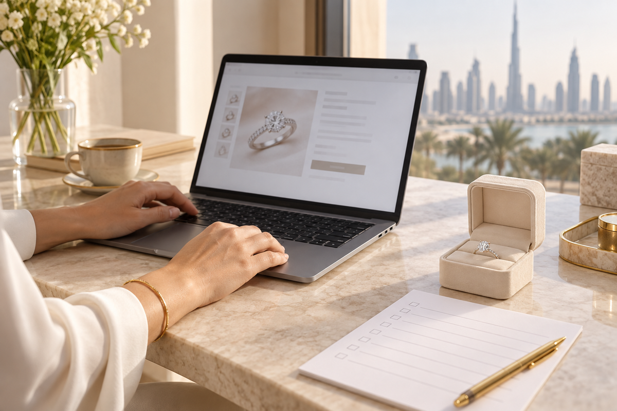 Buyer reviewing moissanite jewellery details and return terms before ordering online in the UAE