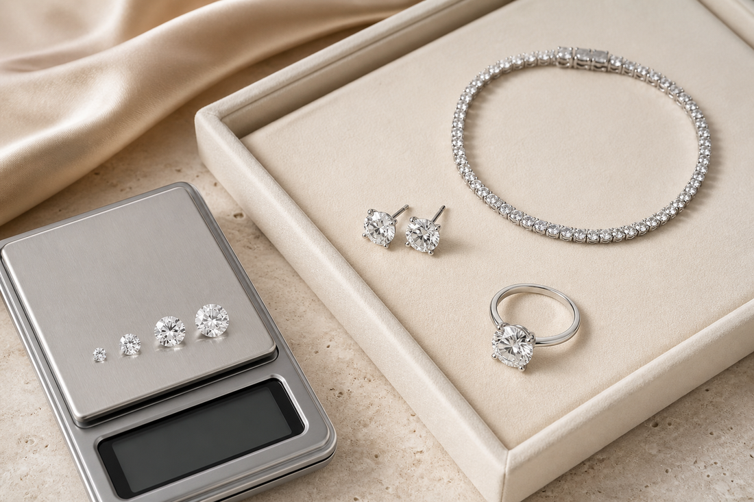 Stud earrings, tennis bracelet, solitaire ring and loose stones beside a jewellery scale