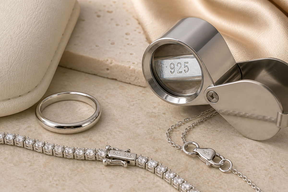 Jewellery loupe revealing a 925 hallmark beside polished sterling silver pieces