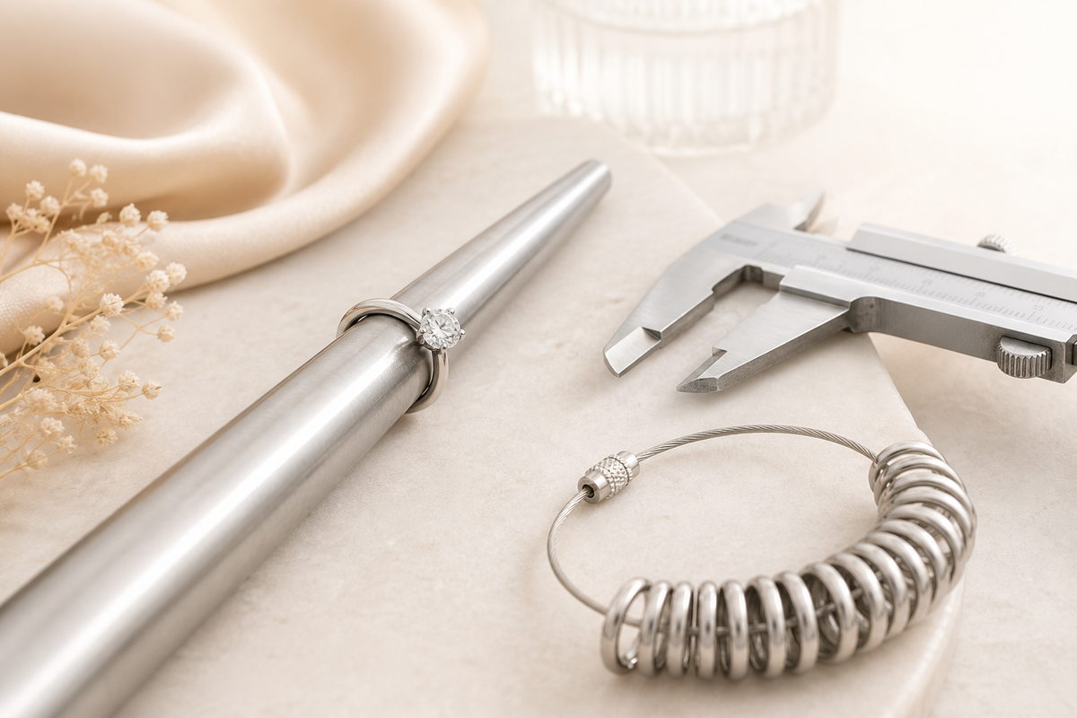 Solitaire ring on a jeweller mandrel beside ring sizing tools