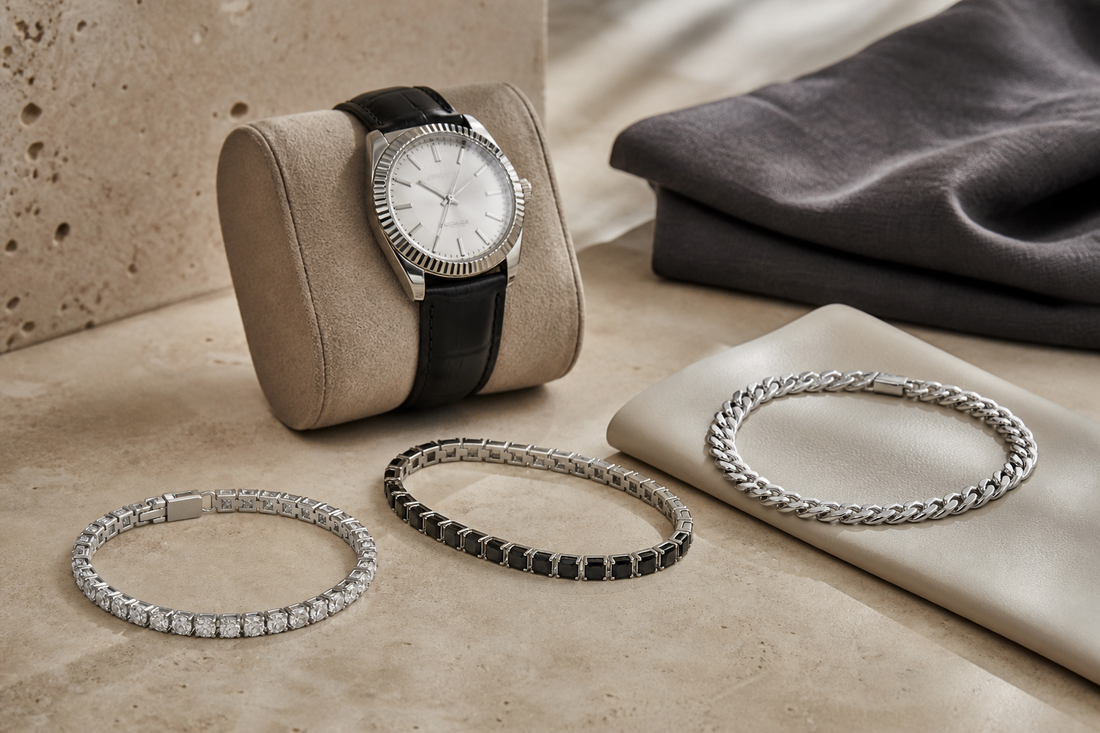 Clear and black stone bracelets with a silver chain in a refined neutral styling scene