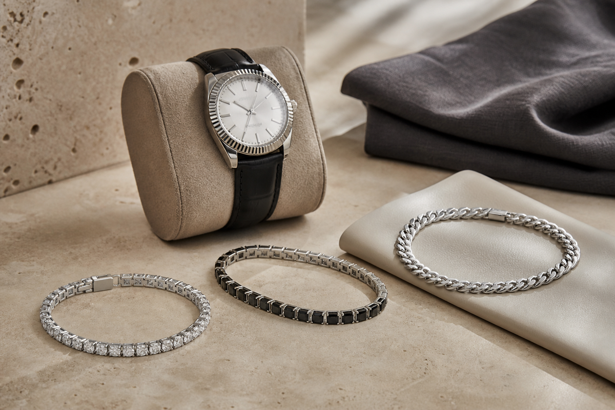 Clear and black stone bracelets with a silver chain in a refined neutral styling scene