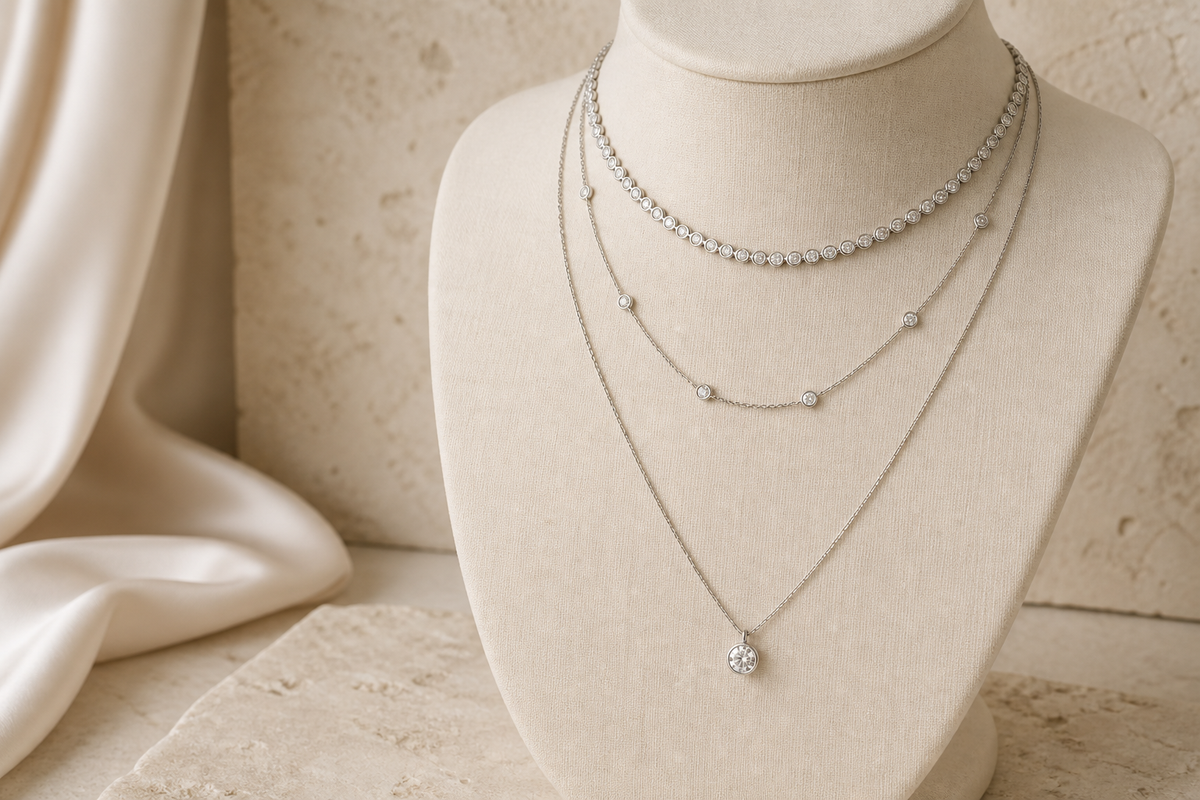 Three necklaces layered with clear spacing on a warm ivory display bust