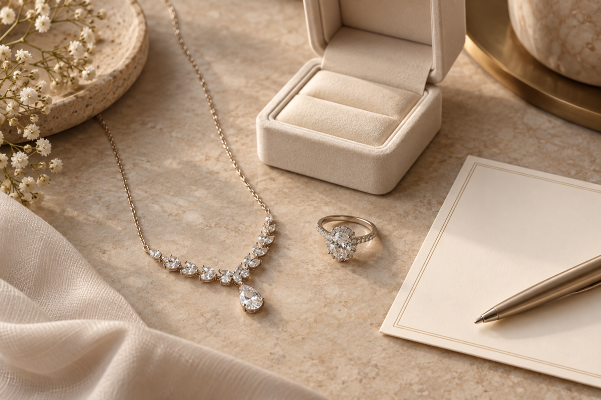 Moissanite jewellery and a planning card arranged for a respectful mahr discussion in the UAE