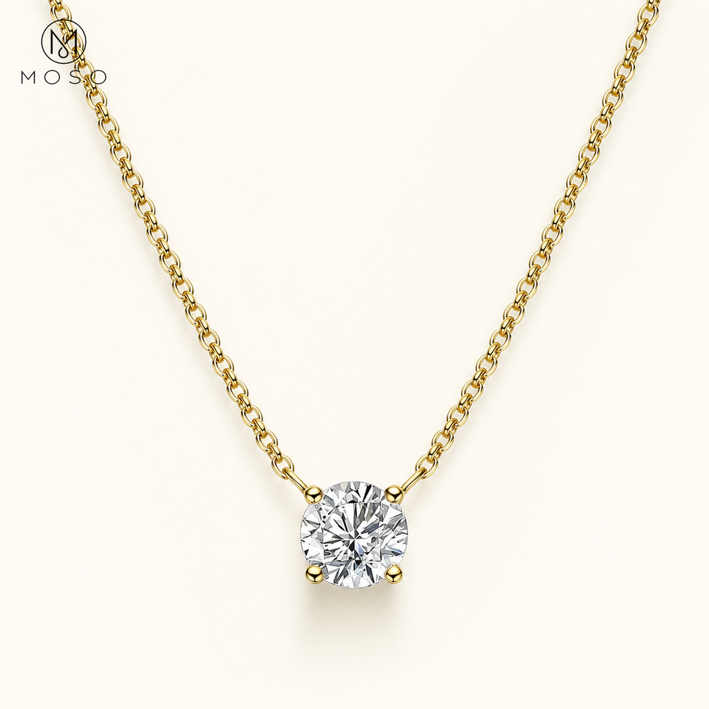 Abigail round moissanite solitaire necklace in gold tone on ivory, MOSO UAE