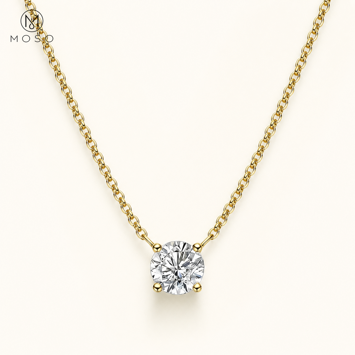 Abigail round moissanite solitaire necklace in gold tone on ivory, MOSO UAE