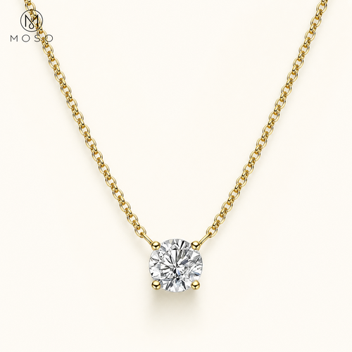 Abigail round moissanite solitaire necklace in gold tone on ivory, MOSO UAE