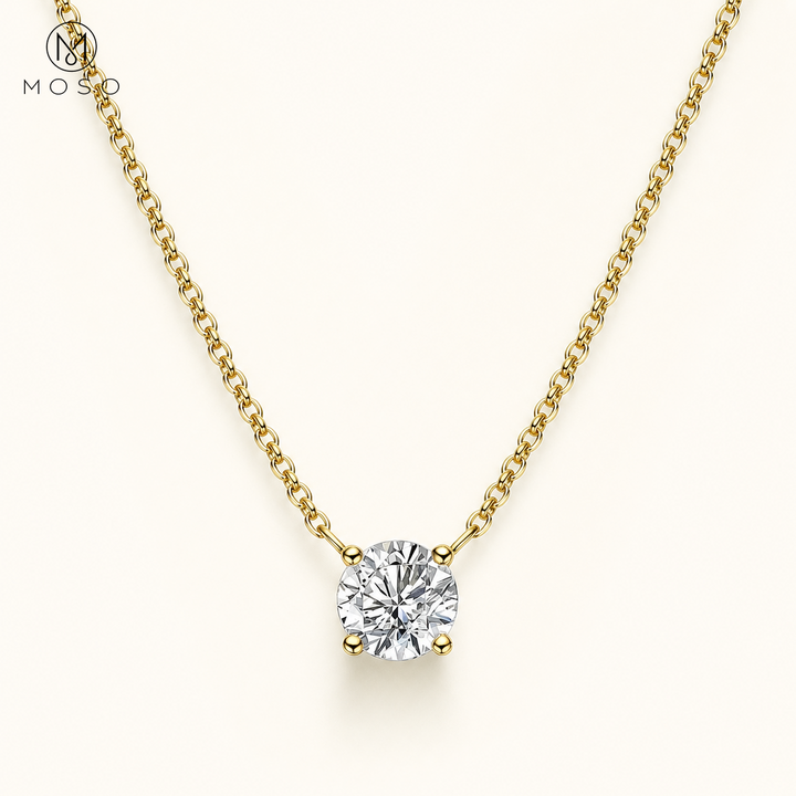 Abigail round moissanite solitaire necklace in gold tone on ivory, MOSO UAE