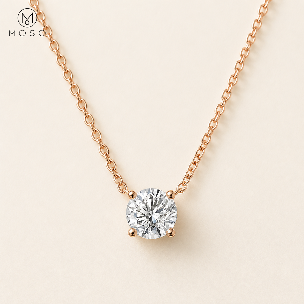 Abigail round moissanite solitaire necklace in rose gold tone