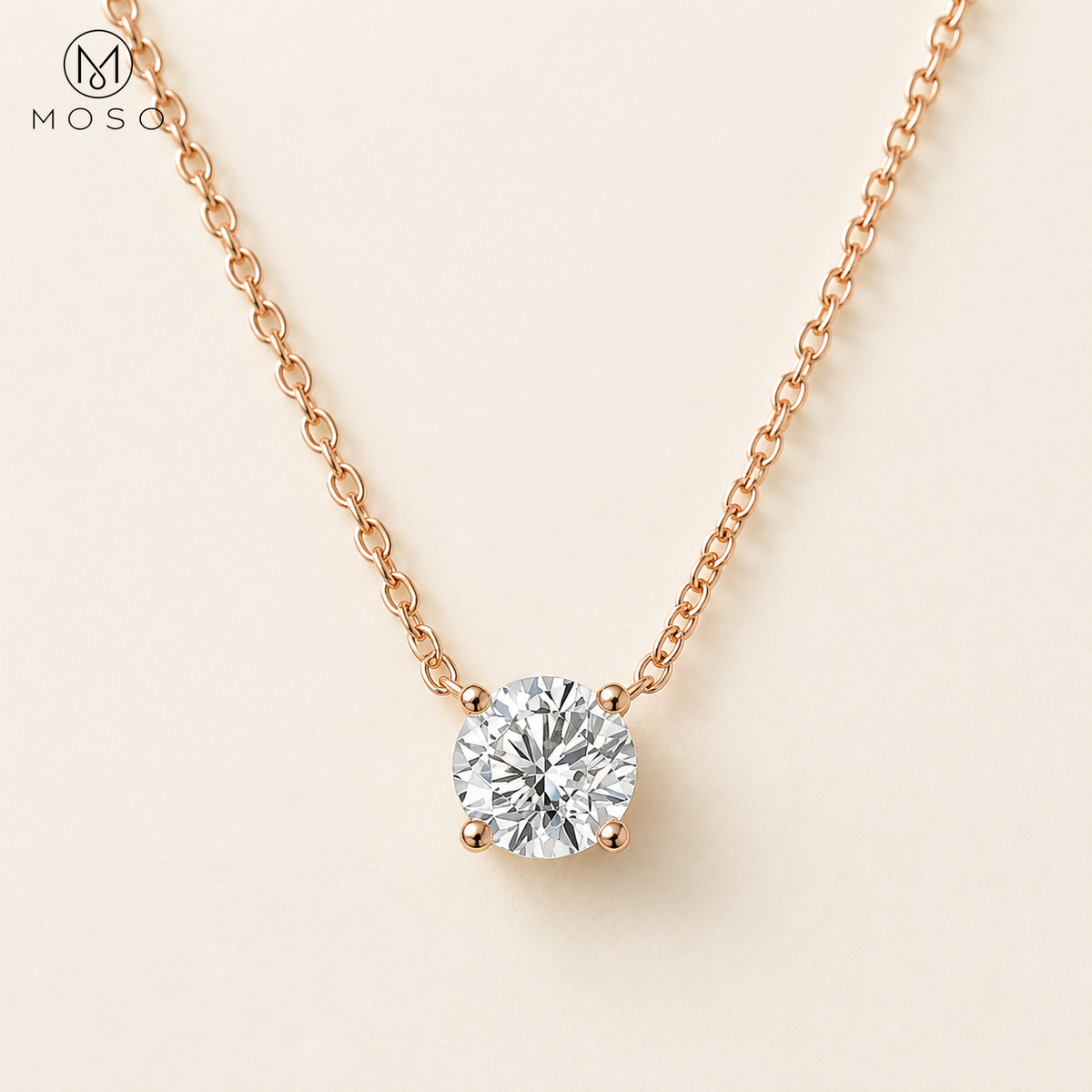 Abigail round moissanite solitaire necklace in rose gold tone