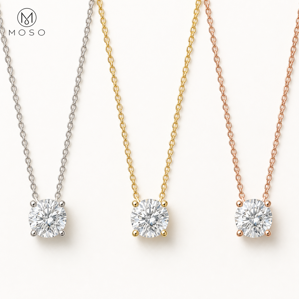 Abigail moissanite necklace in silver, gold and rose finishes