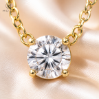 Macro view of Abigail four prong round moissanite pendant