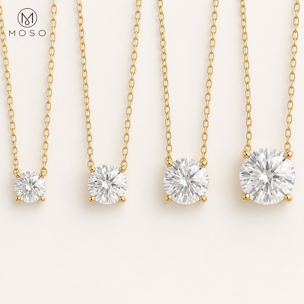Abigail 1, 2, 3 and 5 carat moissanite necklace size comparison
