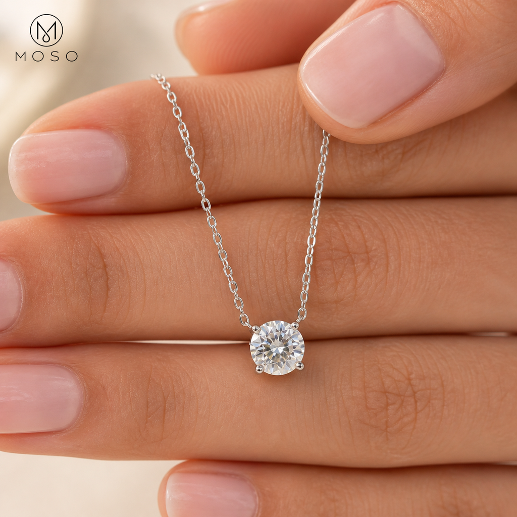 Abigail silver tone moissanite pendant held for scale