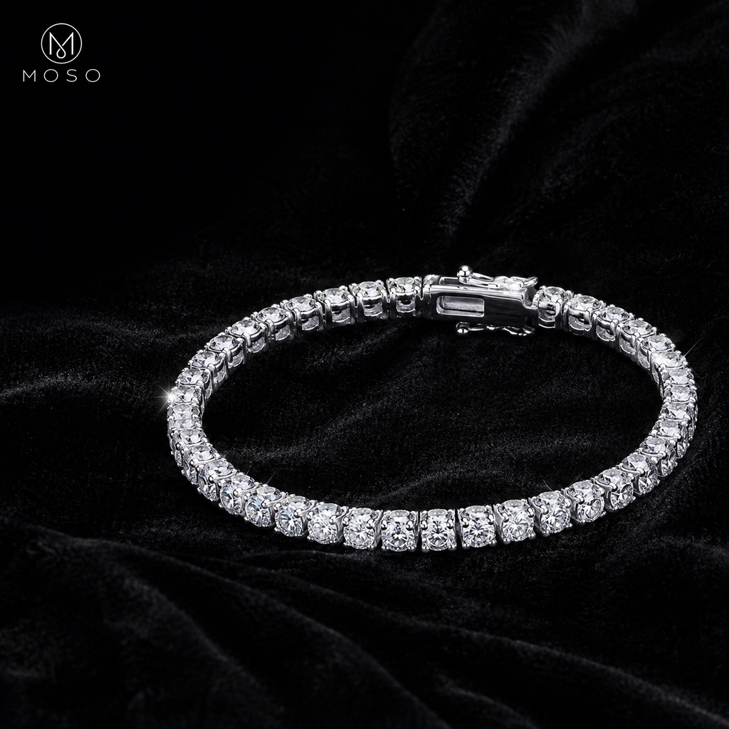 Addison round moissanite tennis bracelet on black velvet