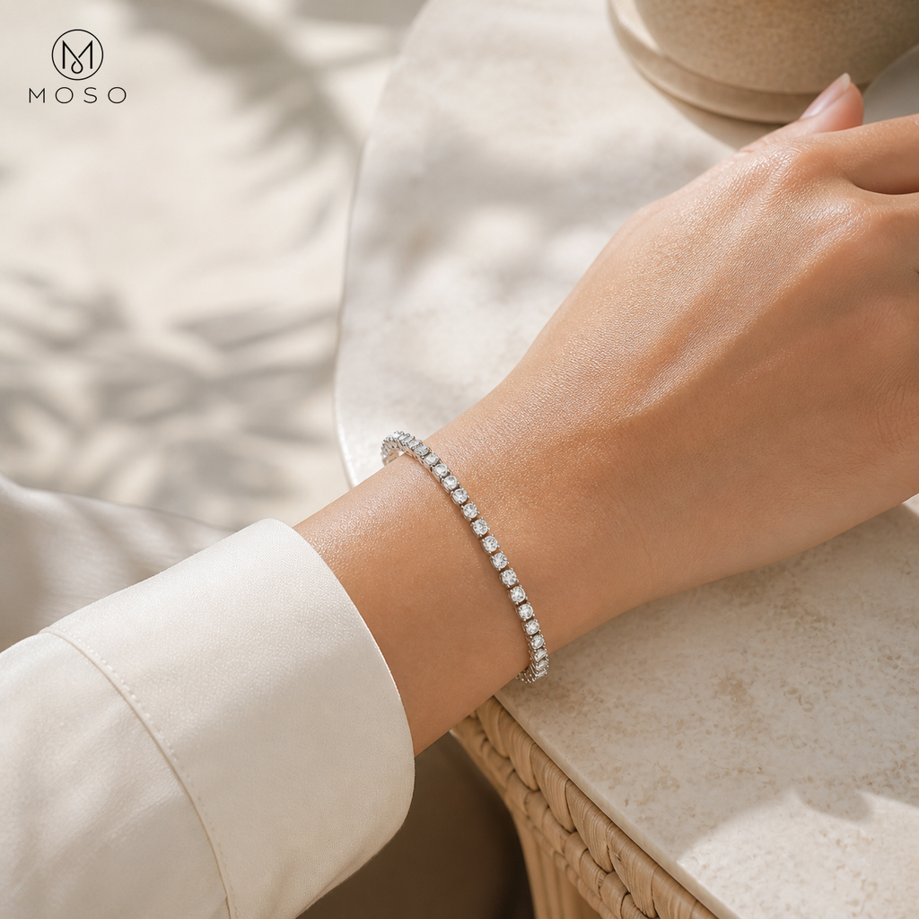 Addison delicate moissanite tennis bracelet worn in daylight
